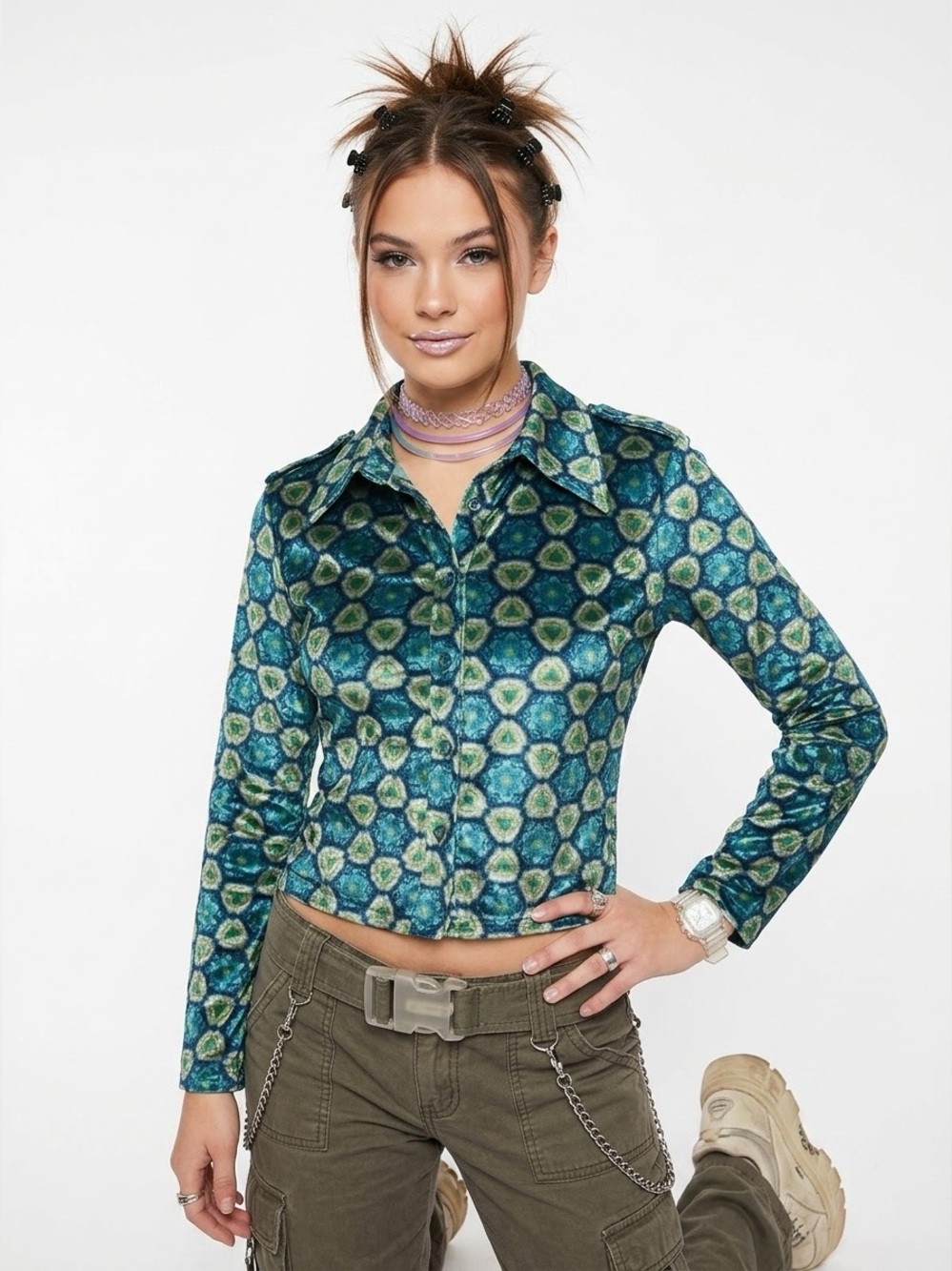 Y2K 70s Crushed Velvet Blouse Floral Groovy Disco Vintage Brat Baddie Maximalist